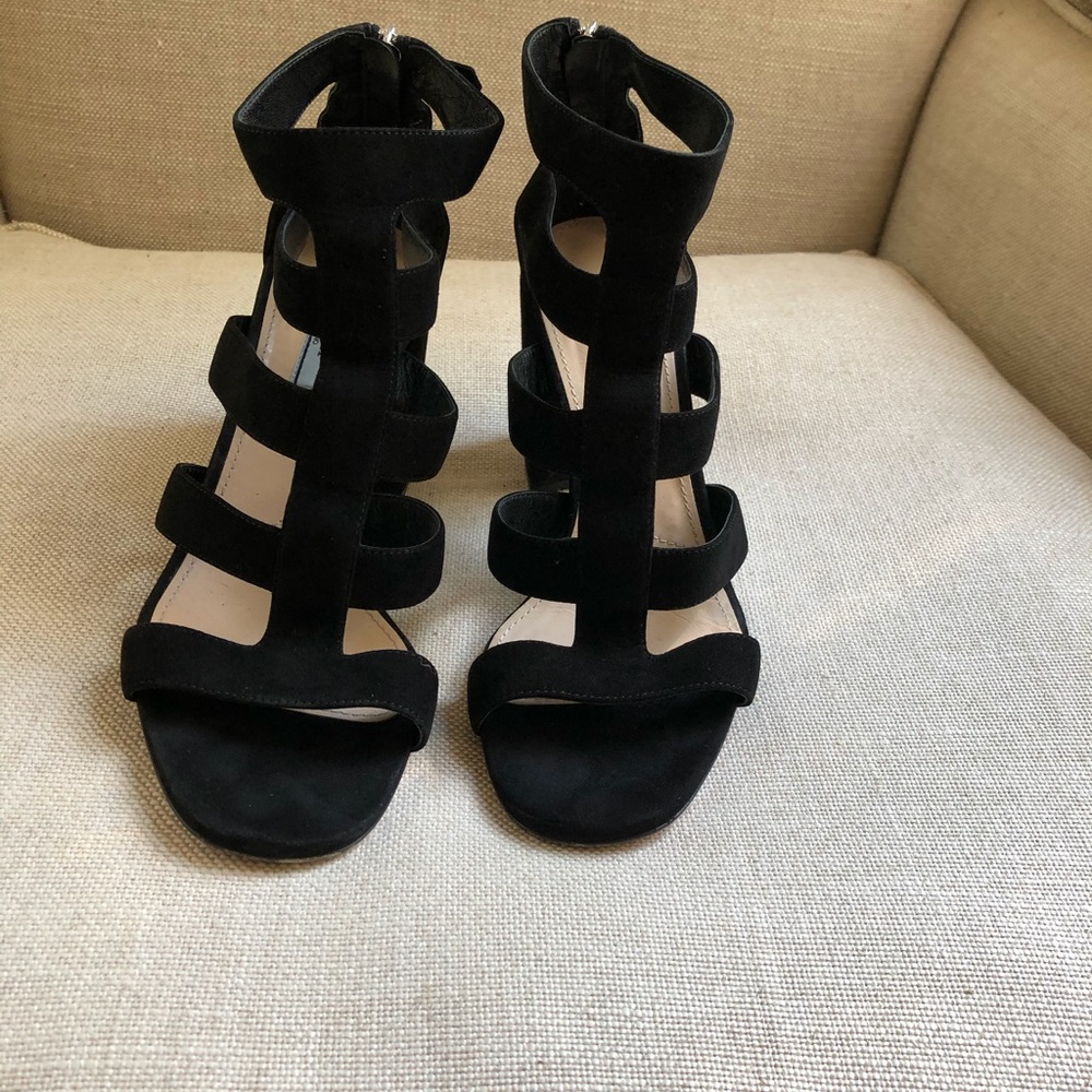 Prada Sandals Caged Block Heels Black Suede Zipper - Picture 4 of 7